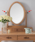 Heavy Duty Swivel Mirror Screws In Classic Antique Brass Finish Slick Adjustable Design Rock Solid Zinc Alloy Build Perfect For Hanging Large Bathroom Mirrors Or Gallery Wall Art Straight Up Quality Hardware 4 Piece Kit installed on a mirror.