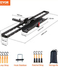 Heavy Duty Motorcycle Carrier Hitch Mount With 600 Lbs Capacity 47 Inch Longer Ramp Ratchet Straps And Stabilizer Dirt Bike Scooter Trailer Hauler For Car Or Truck With 2 Inch Hitch Receiver including loop strap, hook stabilizer, ratchet straps, and storage bag.