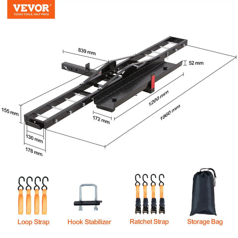 Heavy Duty Motorcycle Carrier Hitch Mount With 600 Lbs Capacity 47 Inch Longer Ramp Ratchet Straps And Stabilizer Dirt Bike Scooter Trailer Hauler For Car Or Truck With 2 Inch Hitch Receiver including loop strap, hook stabilizer, ratchet straps, and storage bag.