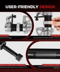 2-Piece Coil Spring Compressor Kit with double retention anti-drop system showcasing hooked jaws and locking ring details.