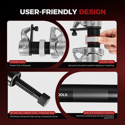 2-Piece Coil Spring Compressor Kit with double retention anti-drop system showcasing hooked jaws and locking ring details.