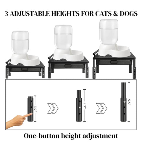 Heavy Duty Elevated Pet Feeding Station With Adjustable Height Base showcasing 3 height settings for comfortable feeding.