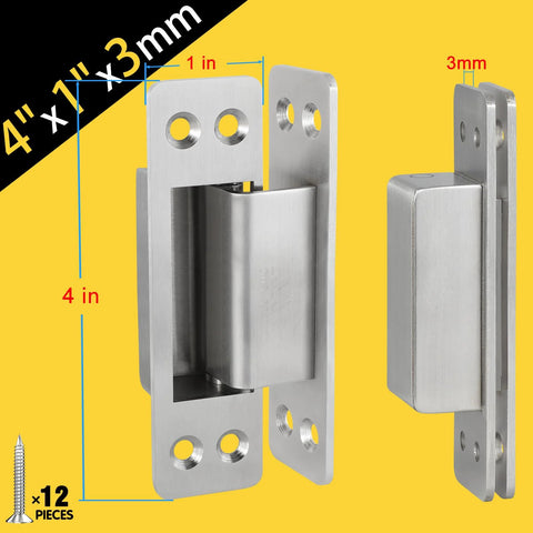 Hidden Door Hinge 4 Inch Two Pack 304 Stainless Steel Heavy Duty Beefy Invisible Hinge For Doors Ambidextrous 3mm Thick Size 4 Inch By 1 Inch Fits Cabinets And Doors