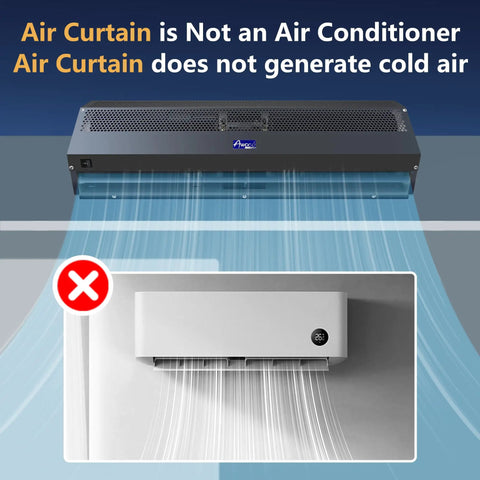 72 Inch Black Commercial Air Curtain, 2350 CFM Heavy Hitter Indoor Entrance Fan with airflow illustration.