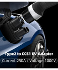 Smooth Plug And Play CCS2 To CCS1 DC Fast Charging Adapter Cranks Out 250kW Power showing connection to electric vehicle.