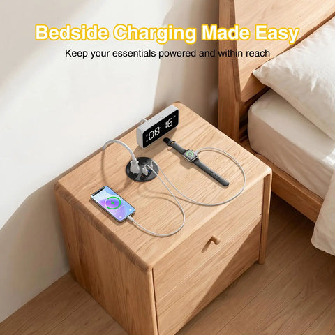 Three Inch Desktop Power Grommet With 35W USB C Fast Charging And Dual 18W USB A Outlets Black six foot cord on bedside table with devices.