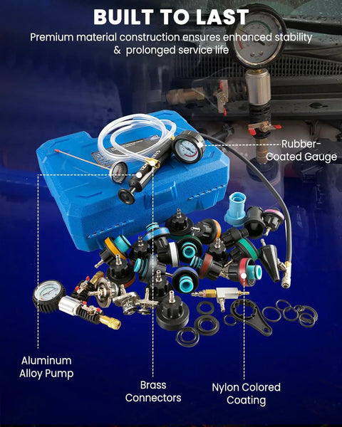 Pro Grade Coolant Pressure Tester And Radiator Vacuum Refill Kit Including 24 Universal Adapters For All Domestic And Import Cars Hella Compatible Auto Cooling Diagnostic Tool with brass connectors and aluminum pump.