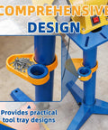 Rock Solid Heavy Duty Bench Grinder Stand With Integrated Vise And Floor Pedestal Supporting Up To Two Hundred Twenty Pounds tool tray detail.