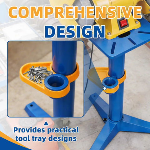 Rock Solid Heavy Duty Bench Grinder Stand With Integrated Vise And Floor Pedestal Supporting Up To Two Hundred Twenty Pounds tool tray detail.