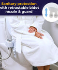 Person sitting on raised toilet seat with bidet sprayer, adjustable temperature, 4 inch elevation for seniors, easy clean