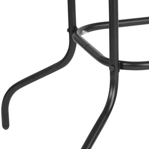 Close-up of black metal frame leg from Modern Rippled Glass Outdoor Dining Table With Umbrella Hole, Rectangular 31.5 Inch By 55 Inch
