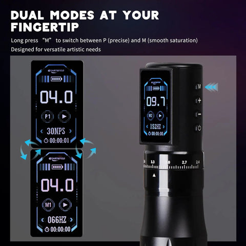 Wireless Tattoo Pen Kit With 2000mAh Cordless Battery Pro Style Practice Set mode display and control features.