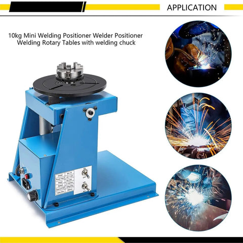 Rock Solid Rotary Welding Positioner Table With 65 Mm Chuck And Zero To Ninety Degree Tilt For Seamless Pipe Flange Welding And Job Site Projects, showing blue rotary welding table with chuck.