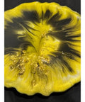 Yellow and Black Resin Lazy Susan with Gold Leaf Floral centerpiece, 13.5 inch, seen from above showcasing intricate details.