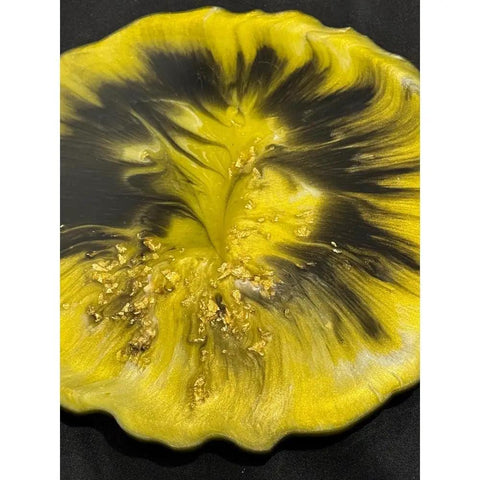 Yellow and Black Resin Lazy Susan with Gold Leaf Floral centerpiece, 13.5 inch, seen from above showcasing intricate details.