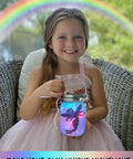 Unicorn And Fairy Lantern Jar Night Light DIY Kit For Kids And Girls Arts And Crafts Gift For Ages 3 To 12 A Totally Fun Unicorn Fairy Craft Kit For Little Girls Birthday Party Or Everyday Creative Play. Girl holding lit glass jar craft kit
