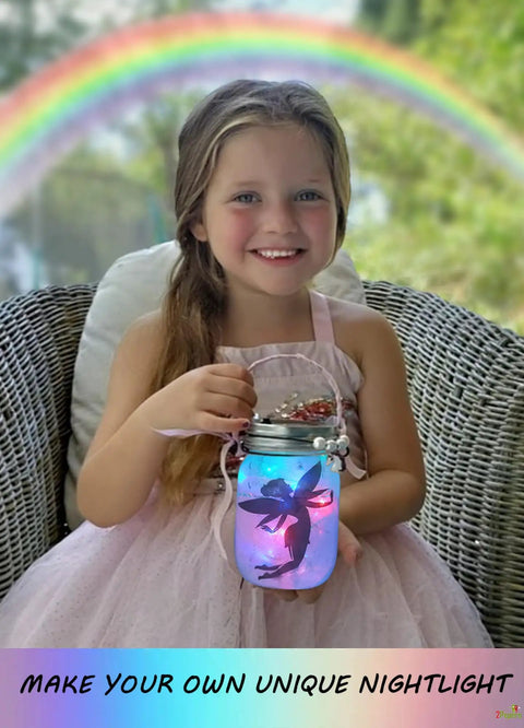Unicorn And Fairy Lantern Jar Night Light DIY Kit For Kids And Girls Arts And Crafts Gift For Ages 3 To 12 A Totally Fun Unicorn Fairy Craft Kit For Little Girls Birthday Party Or Everyday Creative Play. Girl holding lit glass jar craft kit