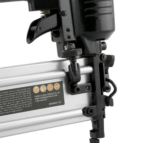 Kickass Pneumatic Brad Nailer 18 Gauge 2 Inch Drive With Quick Jam Release And Hardened Steel Blade close-up of trigger mechanism and controls.