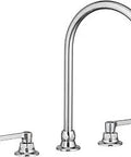 Monterrey 8 Inch Widespread Gooseneck No Fuss Bathroom Faucet With Lead Free Solid Brass Construction Ceramic Disc Valve Drip Free Performance Pressure Compensating Aerator Field Convertible Rigid To Swivel Spout Polished Chrome faucet front view
