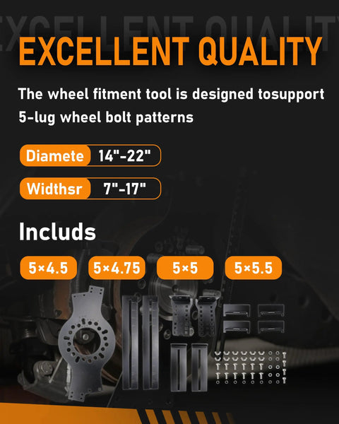 Universal 5 Lug Wheel Fitment Tool And Offset Simulator For Trucks And SUVs Checks Fender And Suspension Clearance with size details.