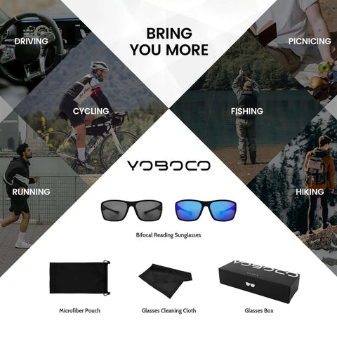 Wrap Around Bifocal Sunglasses With Built In Readers 1.25 For Driving And Sports Use With Blue Or Black Frames displayed with accessories