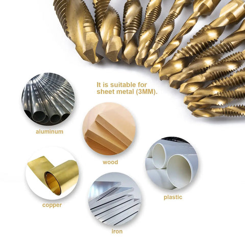 Beast Titanium-Coated High Speed Steel Drill And Tap Bits Set with material suitability for aluminum, wood, copper, plastic.