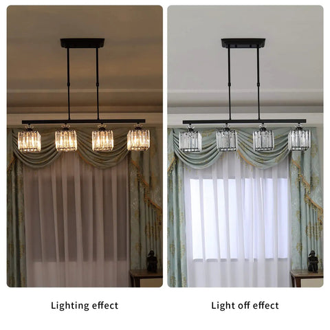 4 Light Crystal Ceiling Pendant Fixture with Adjustable Height Square Modern Chandelier E26 Base lighting effect on and off
