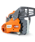 Side view of JonCutter G2500 25.4cc top handle gas chainsaw power head for arborists with 12 inch chain and bar cover.
