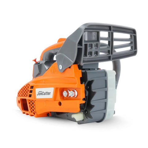 Side view of JonCutter G2500 25.4cc top handle gas chainsaw power head for arborists with 12 inch chain and bar cover.