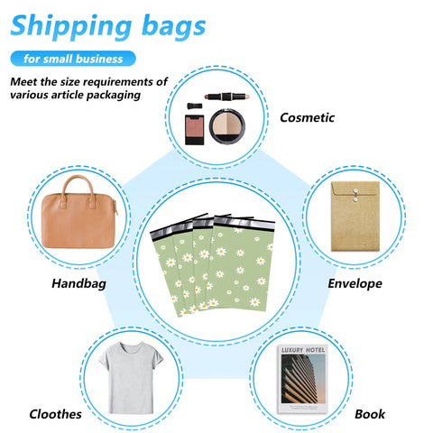 Thank You Poly Mailer 10x13 Inch 100 Pack Waterproof Tear Resistant Shipping Bags For Clothing With Self Seal Cute Chrysanthemum Printed shown with cosmetics, envelope, handbag, book, and clothes to depict versatility for small business packaging.