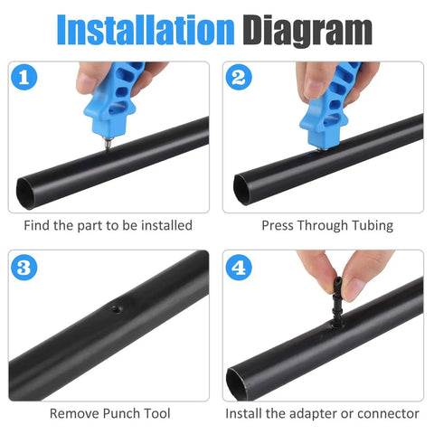 Handy Drip Irrigation Hole Punch And Fitting Insertion Tool One Quarter Inch Two In One Dropper Punch in installation steps diagram