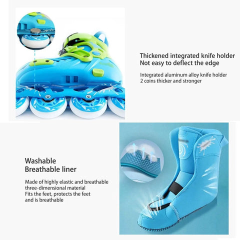 Close-up of blue kids inline skates showing thicken integrated knife holder and breathable liner details, focus on durability and comfort.