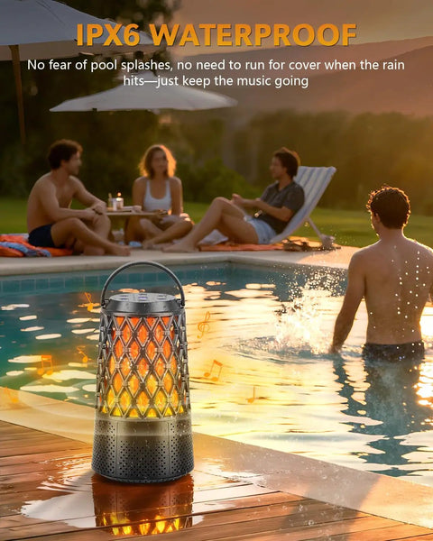 Outdoor Bluetooth Speaker Set With Flame Ambience LEDs Waterproof IPX6 Bluetooth 5.3 placed by a poolside