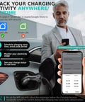 Person using Level 2 EV Charger With WiFi App For Real Time Monitoring 32A 25Ft Cable ETL Certified 220 240V NEMA 14 50P Plug And Play Portable EVSE With J1772 Connector Ideal For Home And Garage Charging app while charging car