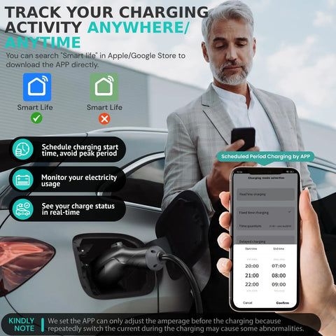 Person using Level 2 EV Charger With WiFi App For Real Time Monitoring 32A 25Ft Cable ETL Certified 220 240V NEMA 14 50P Plug And Play Portable EVSE With J1772 Connector Ideal For Home And Garage Charging app while charging car