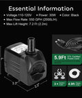Ultra Quiet Submersible Pump 550GPH 30W With 7.2Ft Lift And 2000LPH Flow, features and accessories overview