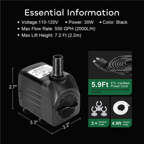 Ultra Quiet Submersible Pump 550GPH 30W With 7.2Ft Lift And 2000LPH Flow, features and accessories overview