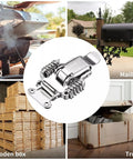 Spring Loaded Latch Set 4Pcs Stainless Steel Draw Latch Hardware for toolboxes and wooden cases, shown with examples like BBQ and mailbox.