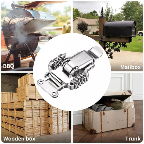 Spring Loaded Latch Set 4Pcs Stainless Steel Draw Latch Hardware for toolboxes and wooden cases, shown with examples like BBQ and mailbox.