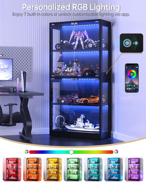 65 Inch Glass Display Cabinet with RGB LED Lights and Glass Doors, showcasing collectibles, in a modern room setting.