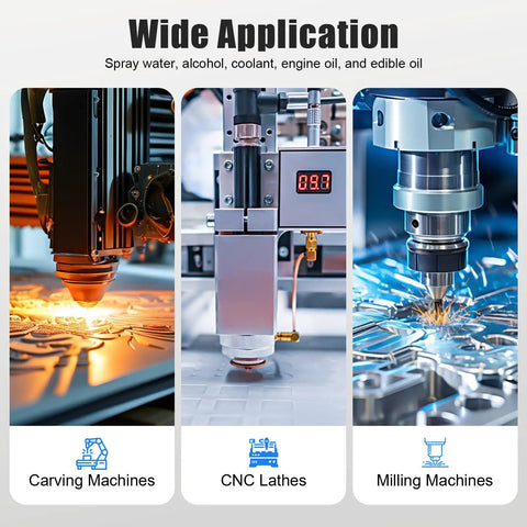 Heavy Duty Mist Coolant Lubrication Spray Kit For Precision Metalwork Machining applied in carving, CNC, and milling machines.
