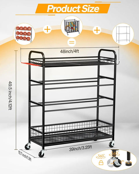 All-In-One Garage Sports Organizer With Rolling Wheels, Built Tough 4 Tier Gear Rack showing size dimensions and details