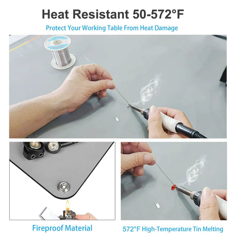 Hands soldering on a 30x24 Inch ESD Rubber Mat With Grounding Kit For PC Building And Electronics Repair Anti Static Table Pad.