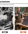 Heavy Duty Chainsaw Chain Storage Case Organizer for 6 to 12 Chains Before and After Using Organizer to Prevent Tangling