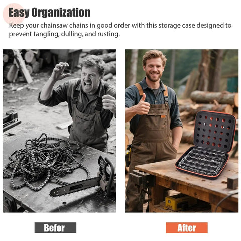 Heavy Duty Chainsaw Chain Storage Case Organizer for 6 to 12 Chains Before and After Using Organizer to Prevent Tangling