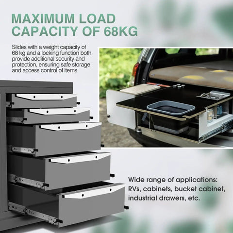 Heavy Duty Locking Drawer Slides 150 Lb Load Capacity, 14 Inch Full Extension Ball Bearing Rails, Side Mount Cabinet RV Tool Box Runner installed in cabinet and truck tool box.