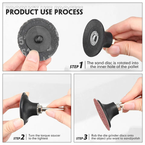 Hands demonstrating mounting of 2 Inch 36 Grit Sanding Discs Pack Of 150 For Die Grinder Aluminum Oxide Discs For Surface Prep