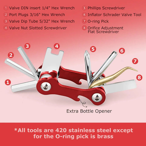 All In One Diving Tool For Scuba Gear, 8 In 1 Folding Stainless Steel Multi Tool with hex wrenches, drivers, and bottle opener