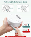 Gotta Love This Compact Travel Power Strip With Retractable Five Foot Cord And Seven Outlet Surge Protector Featuring Dual USB C And USB A Ports For Smooth Sailing On Cruise Vacations And Portable Jet Set Charging, showing retractable cord usage.