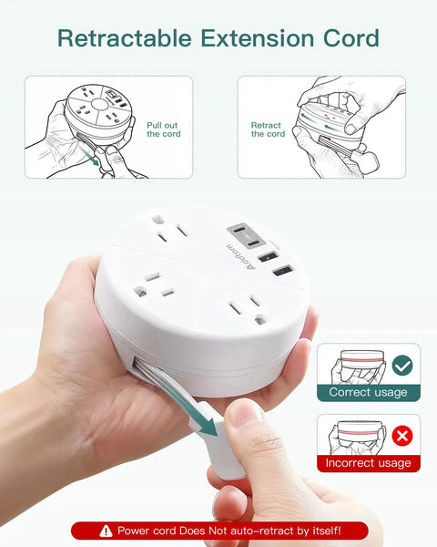 Gotta Love This Compact Travel Power Strip With Retractable Five Foot Cord And Seven Outlet Surge Protector Featuring Dual USB C And USB A Ports For Smooth Sailing On Cruise Vacations And Portable Jet Set Charging, showing retractable cord usage.